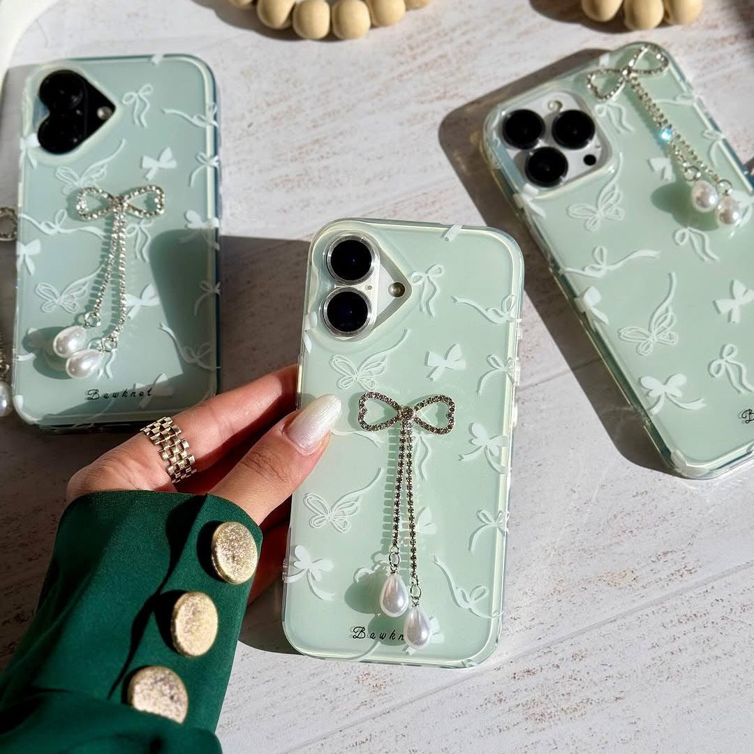 Mint Green Bow iPhone Case with Pearl Charm – Cute Butterfly Clear Cover