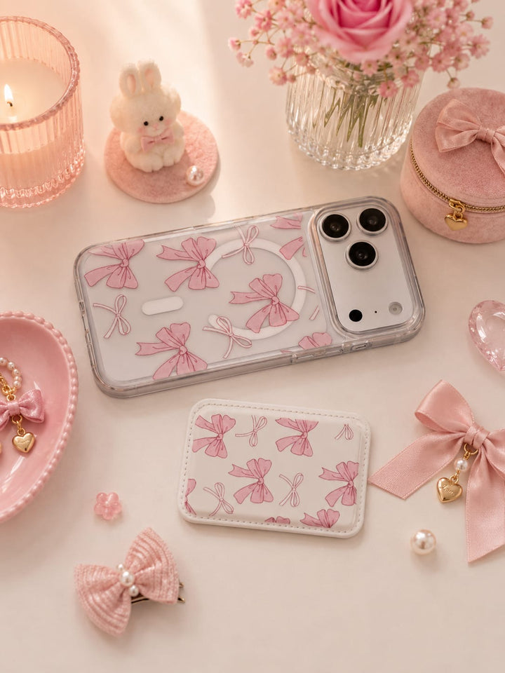 Pink Bow Clear iPhone Case with Magnetic Wallet Card Holder | Cute Stylish Phone Cover