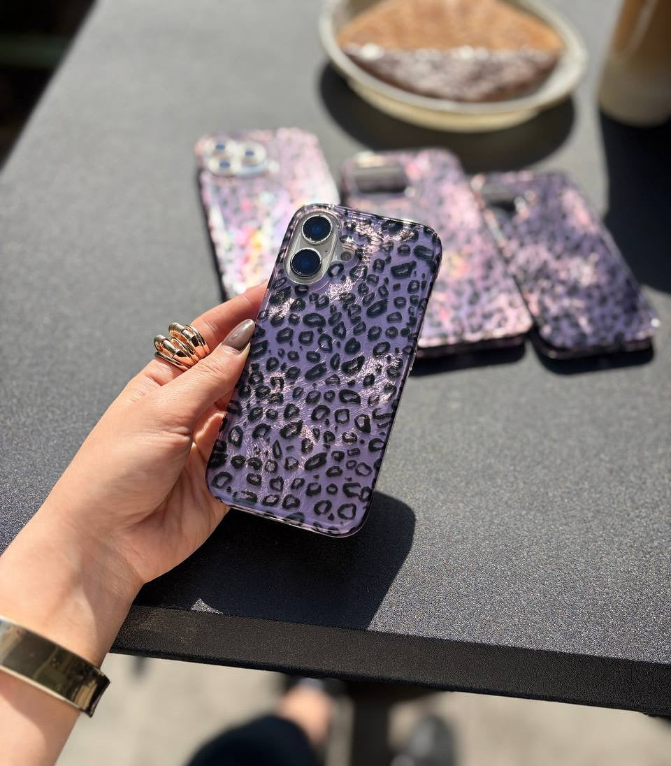 Purple Leopard Print iPhone Case with Charm Strap | Stylish Protective Phone Cover