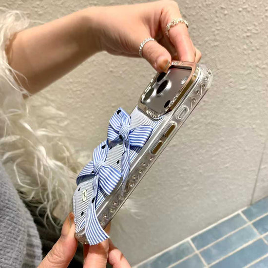 Blue Striped Double Bow iPhone Case | Cute Heart Phone Cover