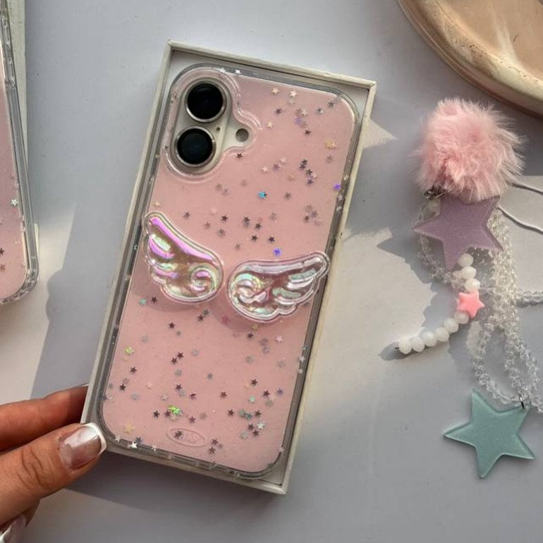 Angel Wings Pink iPhone Case – Glitter Star Design with Furry Pom-Pom & Star Charm