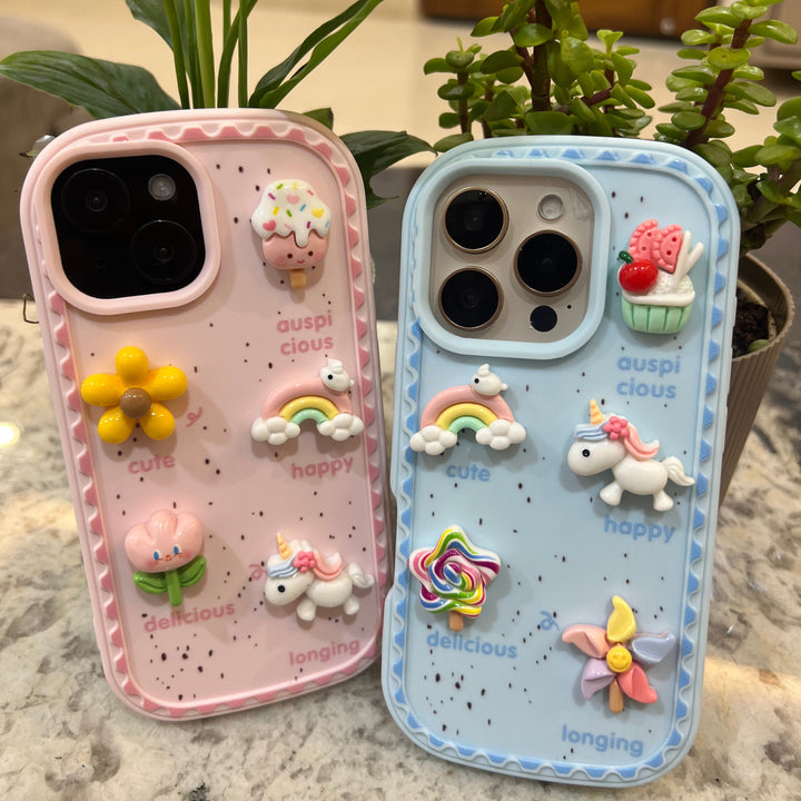 3D Kawaii Unicorn & Candy Phone Case – Cute Pastel Aesthetic Protective Cover