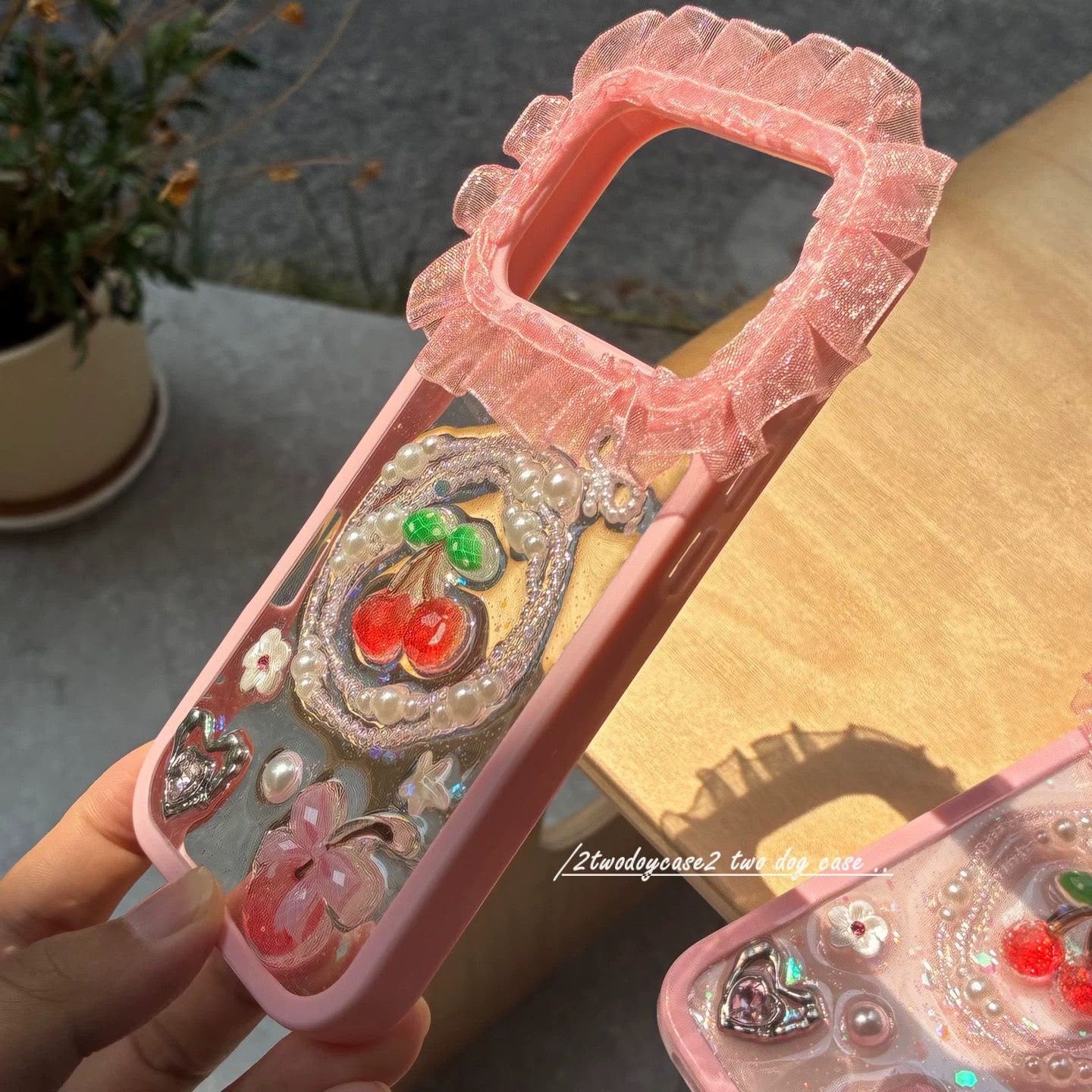 Cherry Charm Glitter iPhone Case – Cute Y2K Pearl Bow Phone Cover