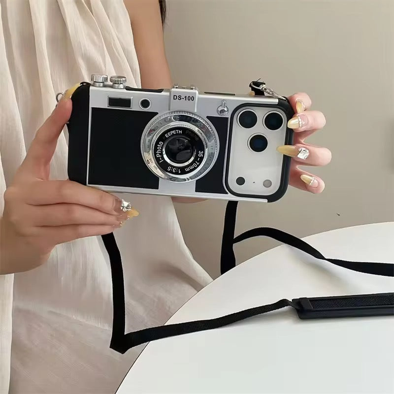 Retro Camera Design Phone Case with Lanyard Strap