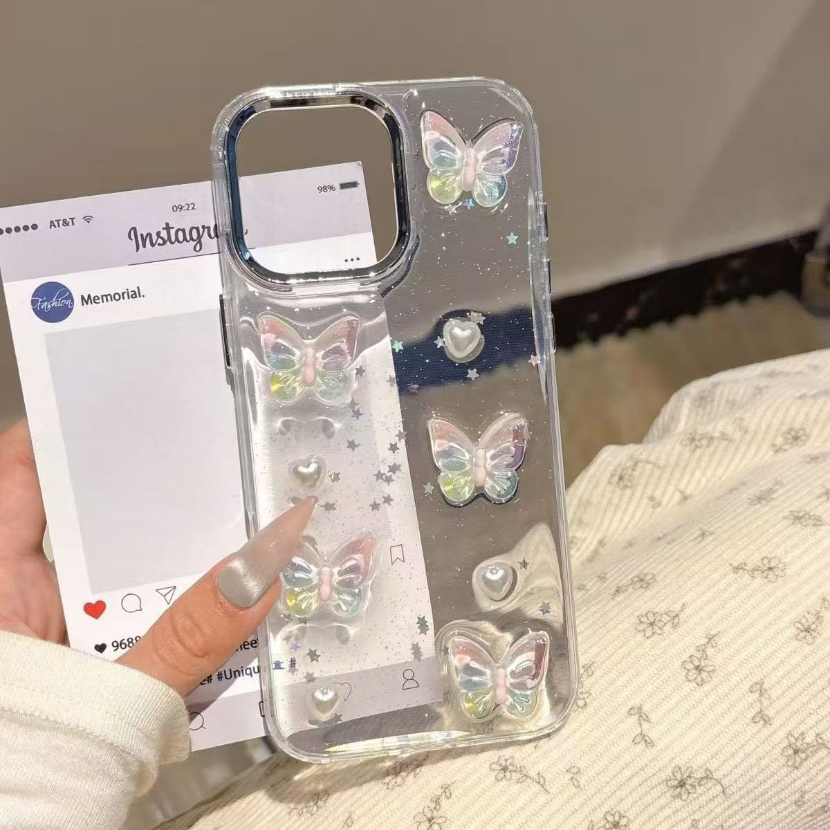Cute Rainbow Butterfly Glitter Phone Case – Clear Shockproof Aesthetic Cover for iPhone