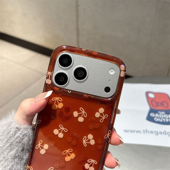 Cherry Print Bow Phone Case | Retro Brown Aesthetic Protective Cover