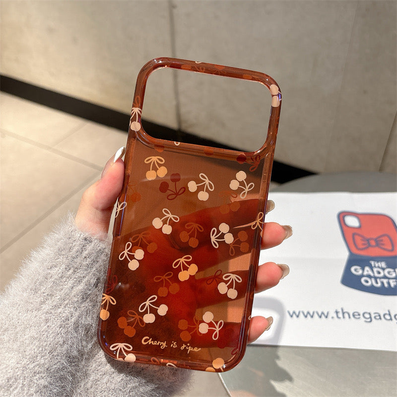 Cherry Print Bow Phone Case | Retro Brown Aesthetic Protective Cover