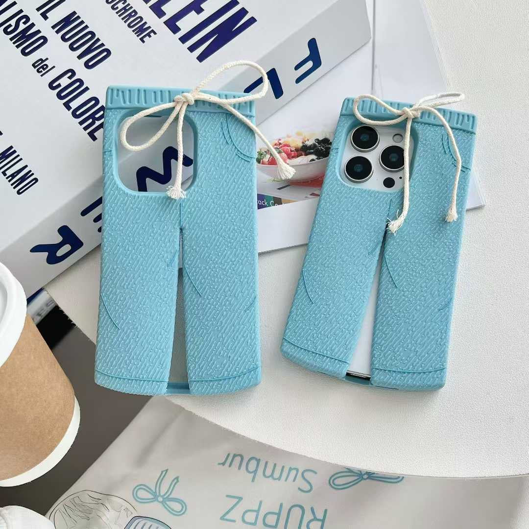 Trendy Blue Pants-Style Phone Case with Cute Drawstring Design