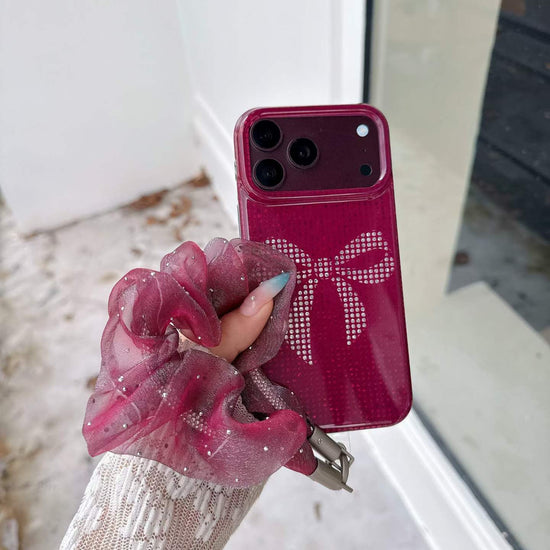 Pink Rhinestone Bow iPhone Case with Scrunchie Strap – Glamorous Aesthetic Phone Cover