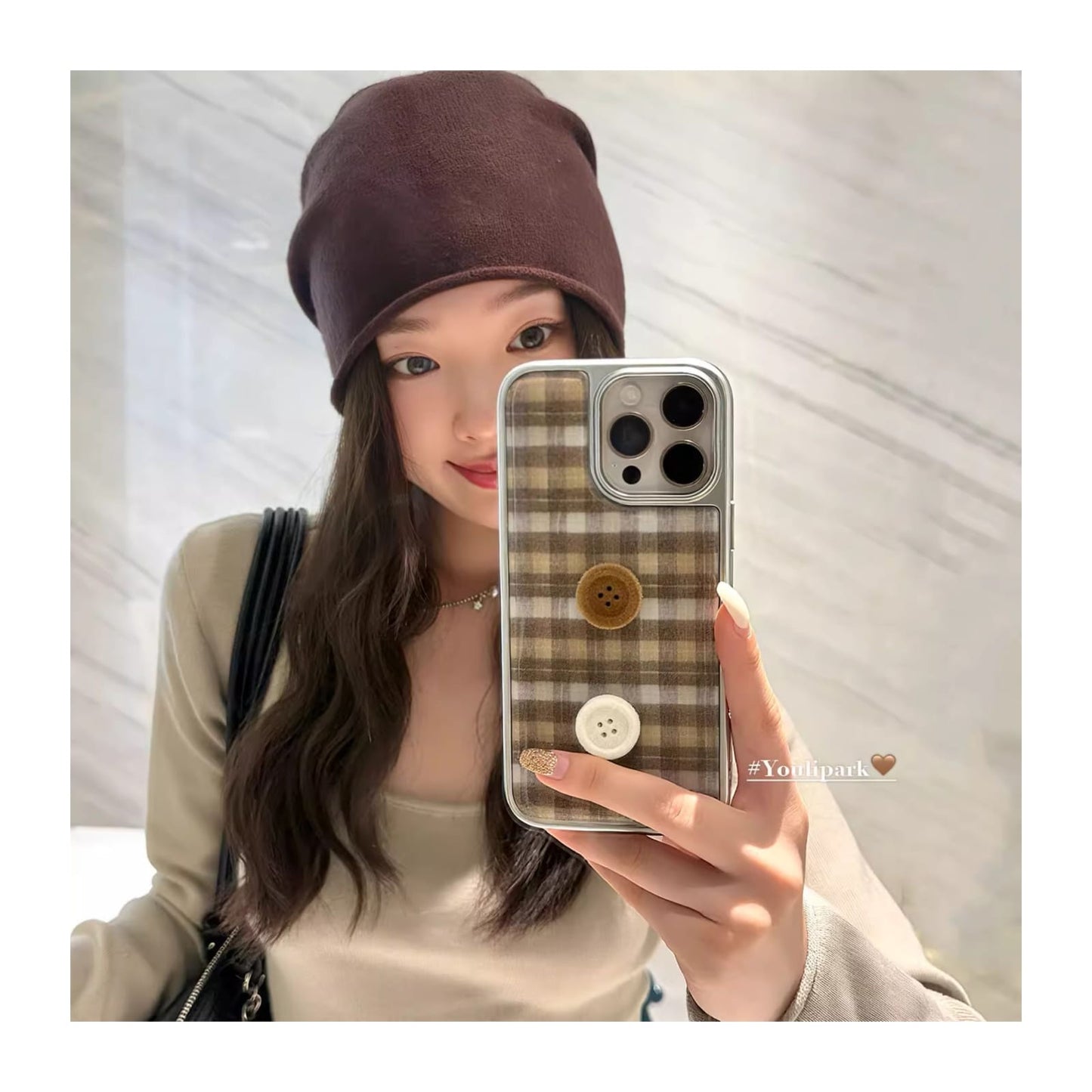 Cozy Vintage Plaid Button iPhone Case | Cute Korean Phone Cover
