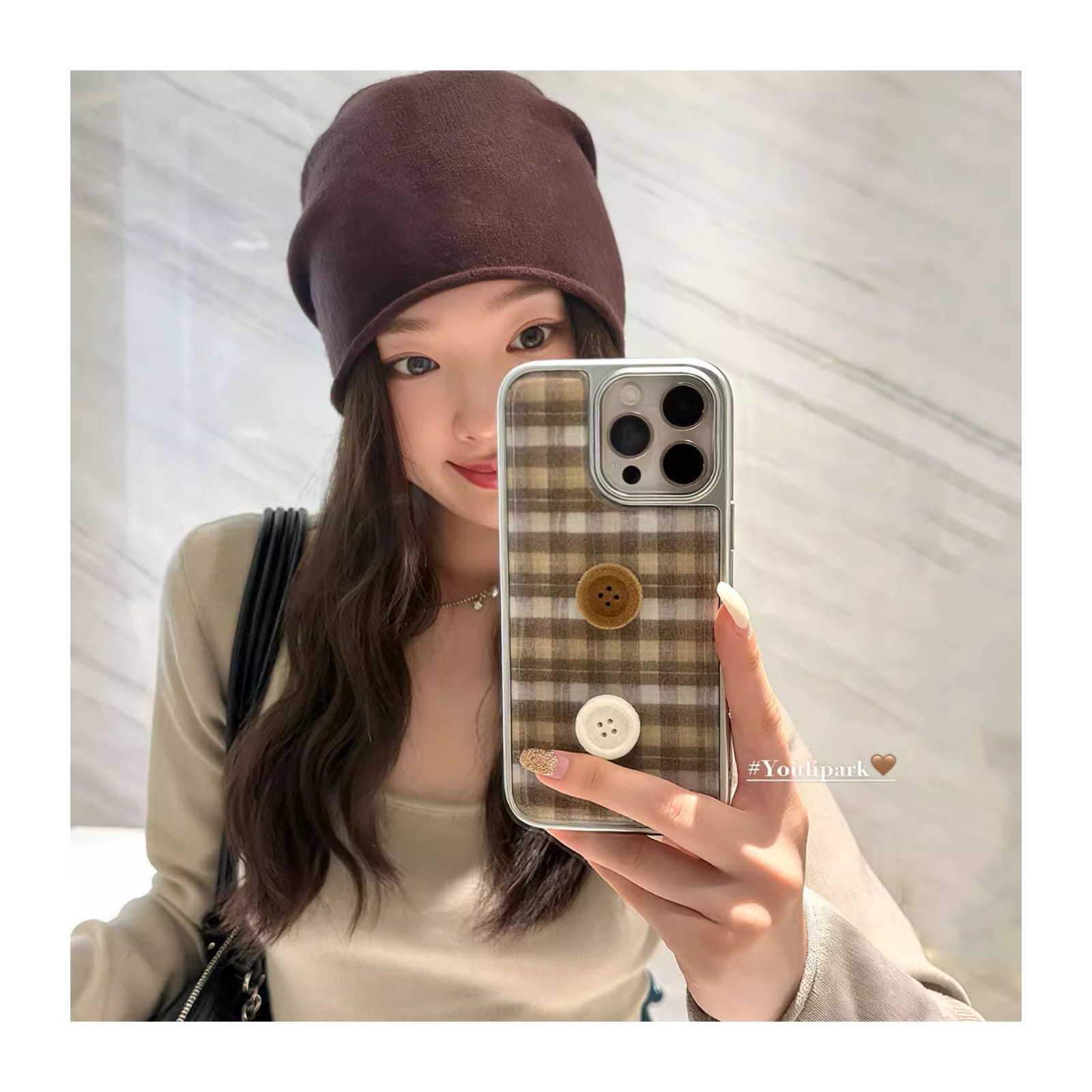 Cozy Vintage Plaid Button iPhone Case | Cute Korean Phone Cover