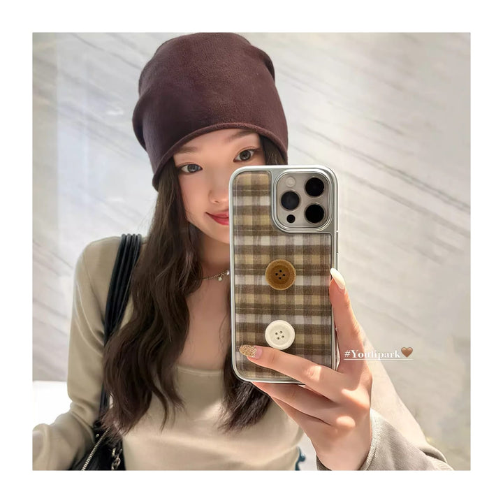 Cozy Vintage Plaid Button iPhone Case | Cute Korean Phone Cover