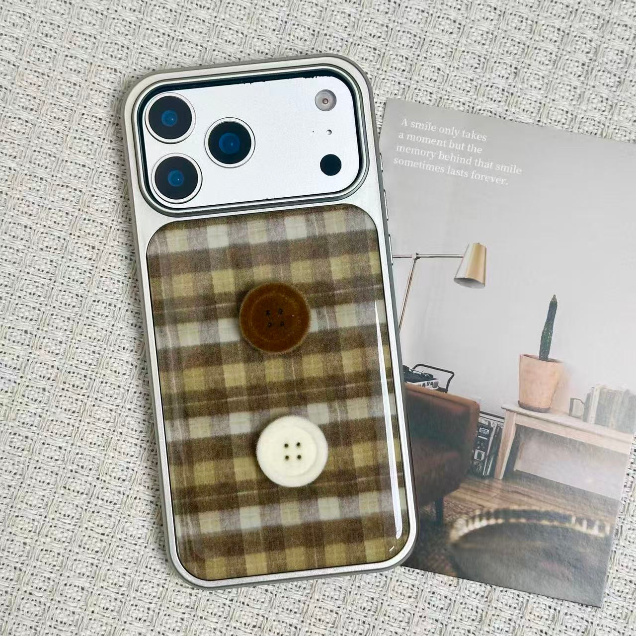 Cozy Vintage Plaid Button iPhone Case | Cute Korean Phone Cover