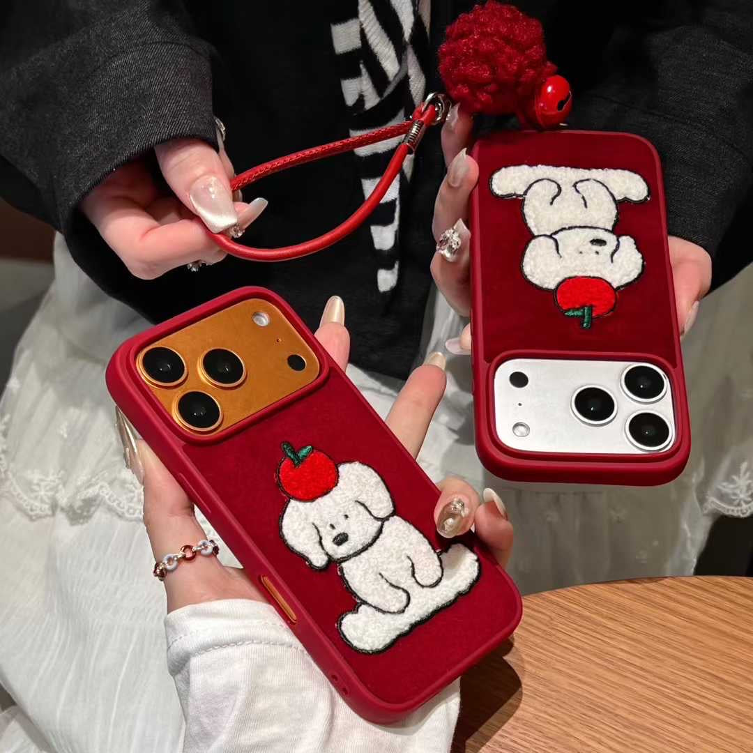 Cute Red Dog Phone Case with Apple Patch by Soft Grip and Wrist Strap