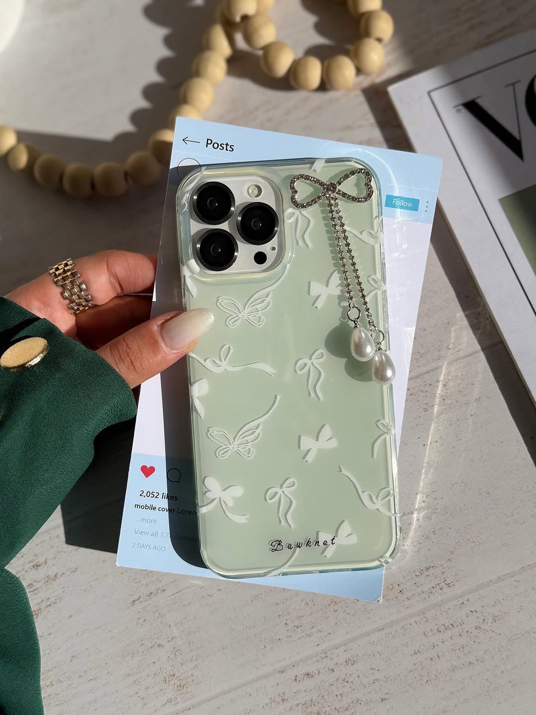 Mint Green Bow iPhone Case with Pearl Charm – Cute Butterfly Clear Cover