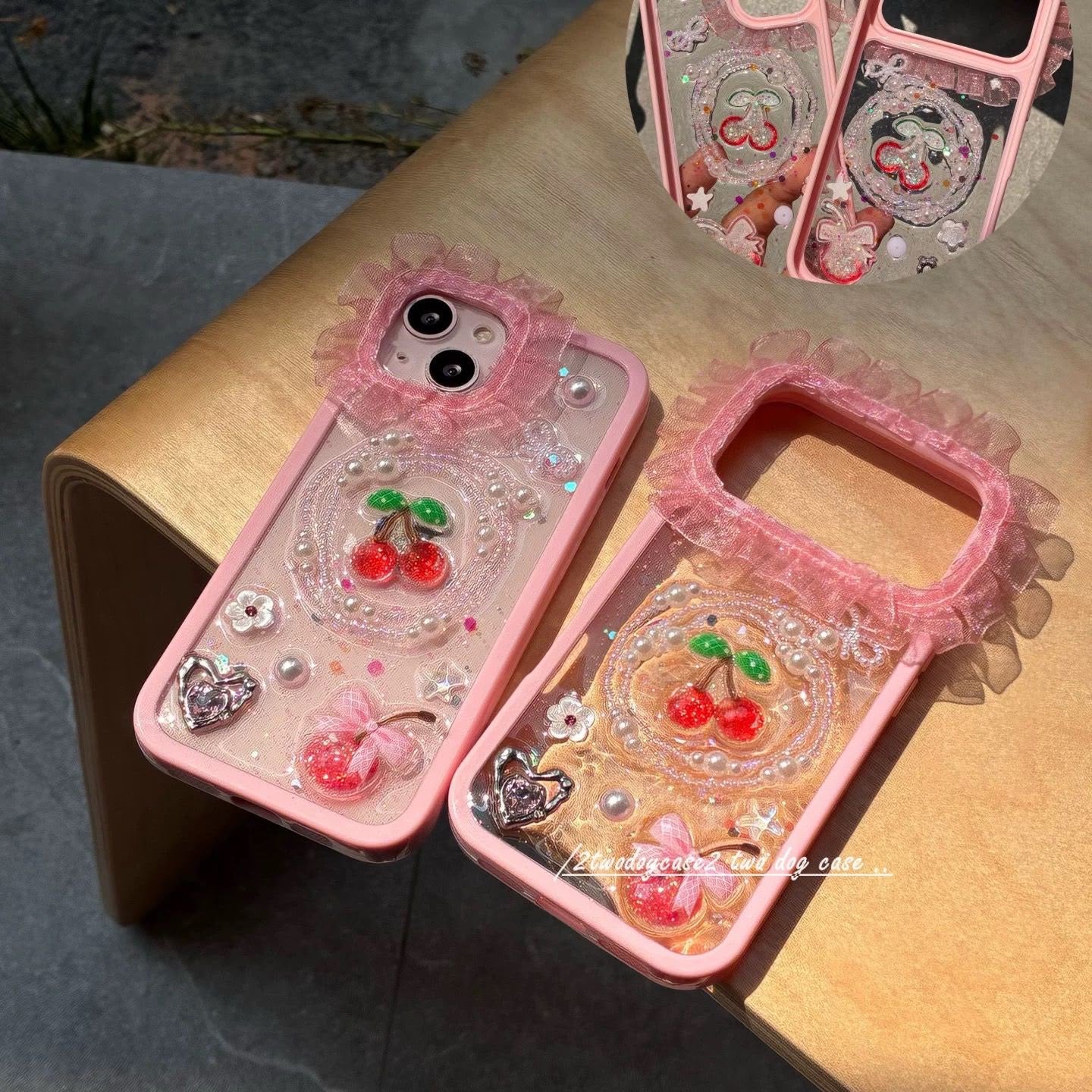 Cherry Charm Glitter iPhone Case – Cute Y2K Pearl Bow Phone Cover