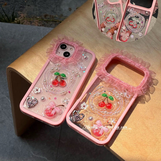 Cherry Charm Glitter iPhone Case – Cute Y2K Pearl Bow Phone Cover
