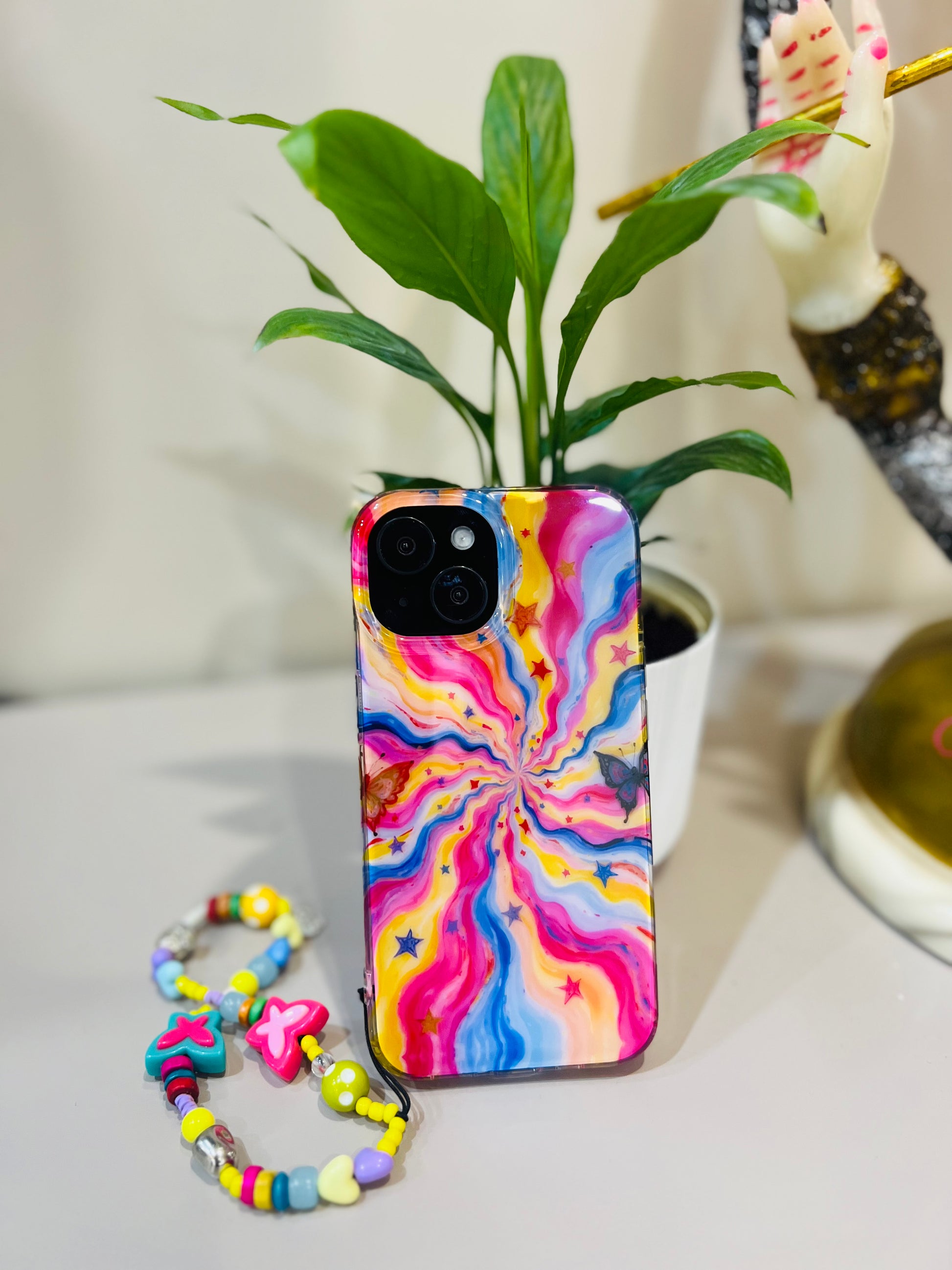 Psychedelic Rainbow Swirl Phone Case with Beaded Butterfly Charm 🌈🦋