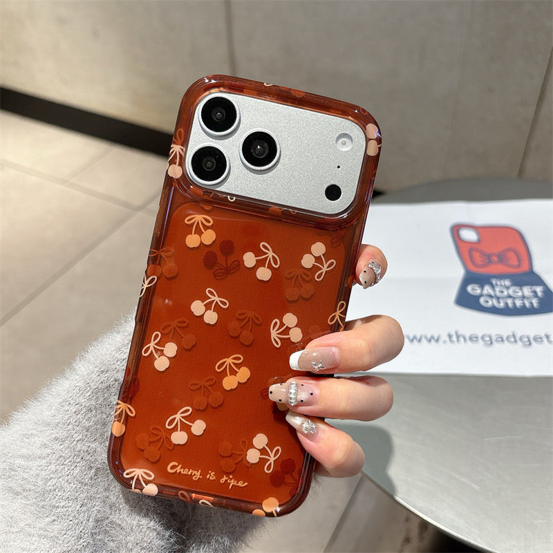 Cherry Print Bow Phone Case | Retro Brown Aesthetic Protective Cover