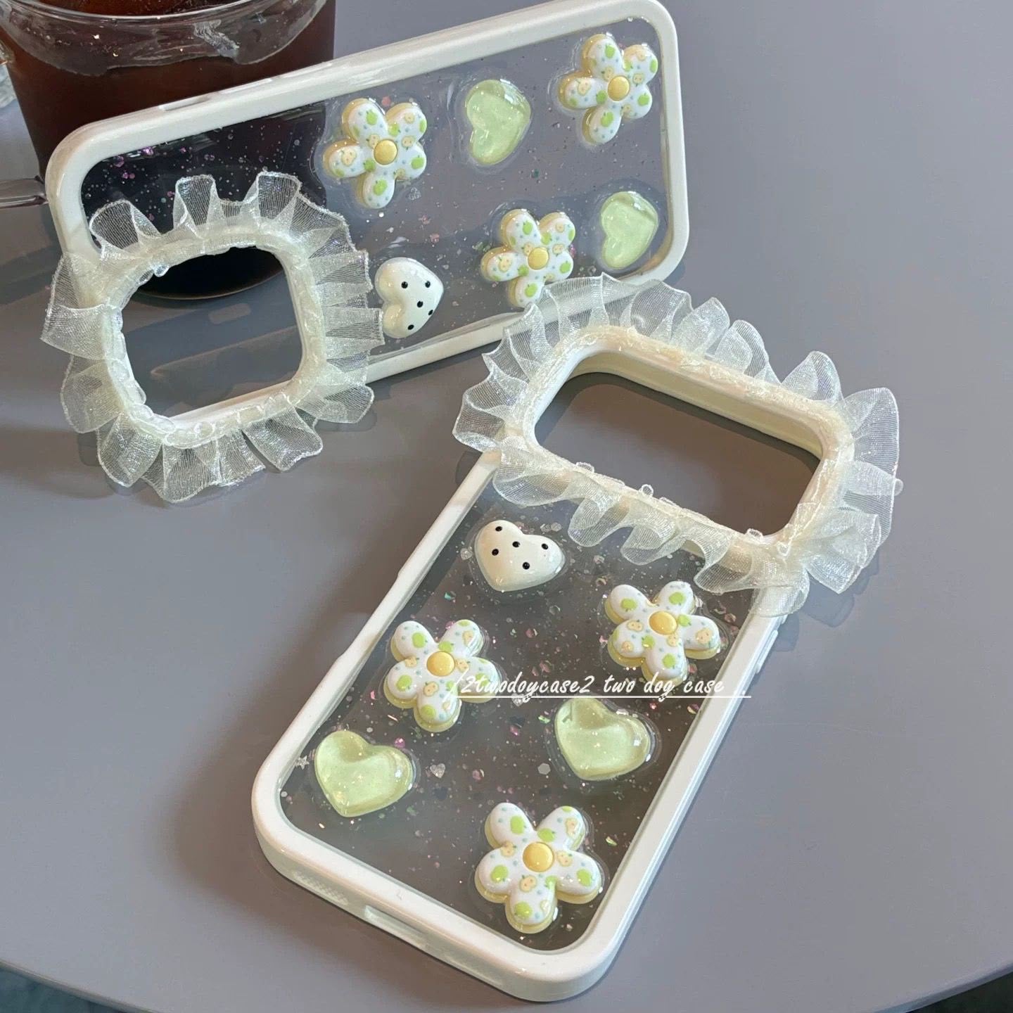 Ruffle Daisy Clear iPhone Case – Cute Heart Flower Glitter Phone Cover