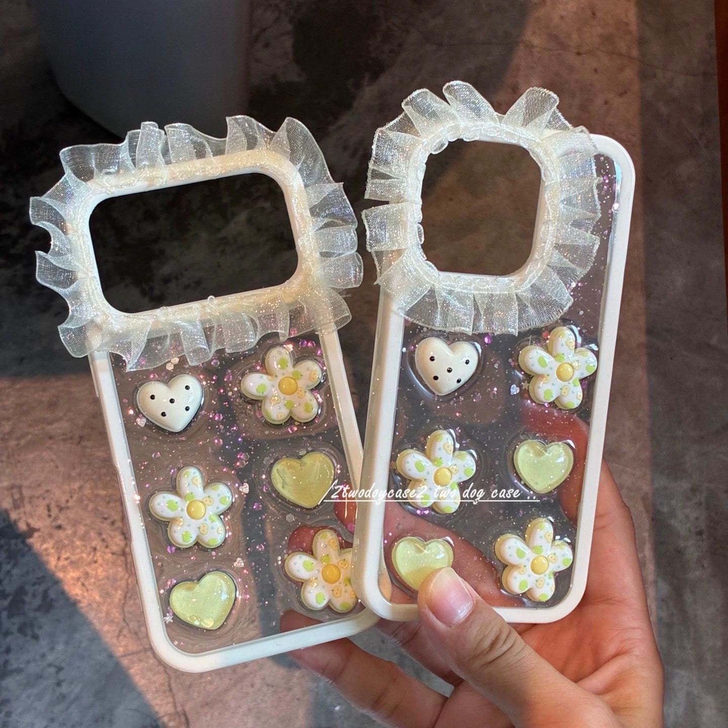 Ruffle Daisy Clear iPhone Case – Cute Heart Flower Glitter Phone Cover