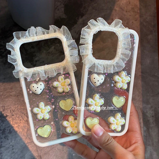 Ruffle Daisy Clear iPhone Case – Cute Heart Flower Glitter Phone Cover
