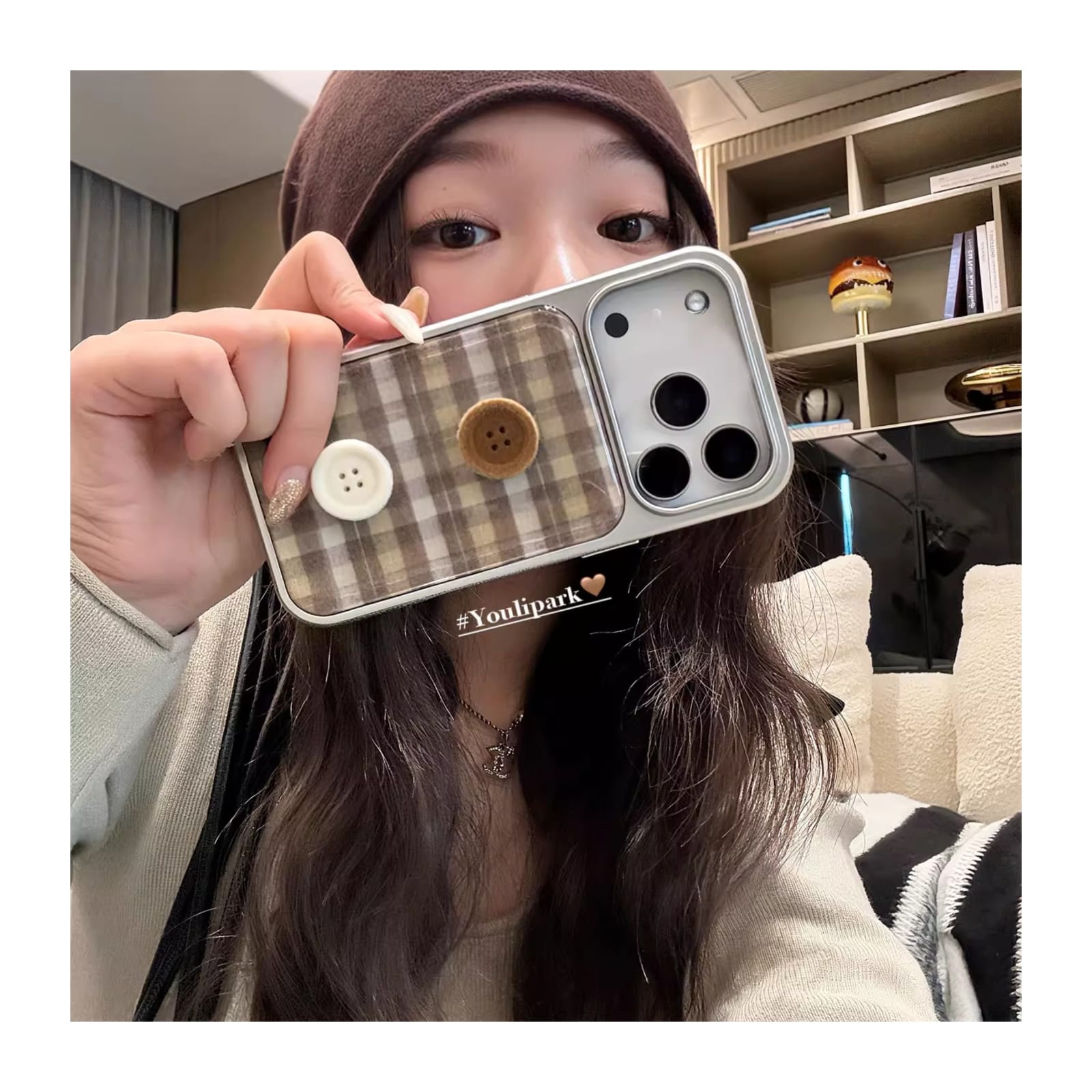 Cozy Vintage Plaid Button iPhone Case | Cute Korean Phone Cover