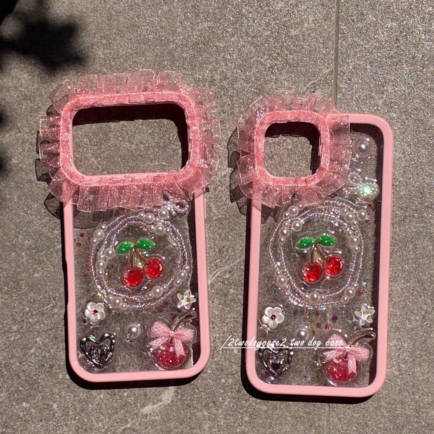 Cherry Charm Glitter iPhone Case – Cute Y2K Pearl Bow Phone Cover