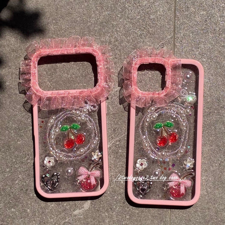 Cherry Charm Glitter iPhone Case – Cute Y2K Pearl Bow Phone Cover