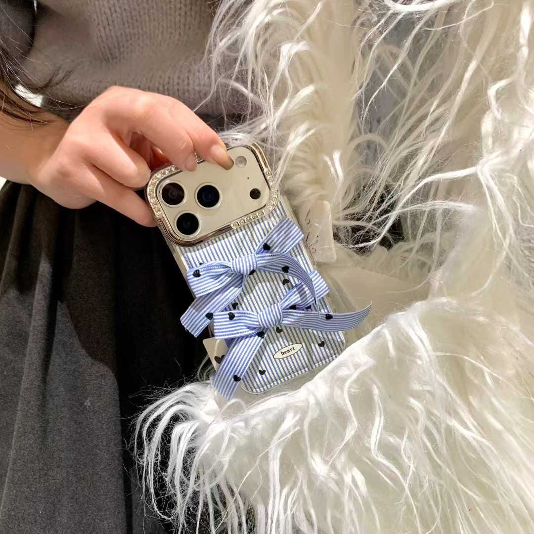 Blue Striped Double Bow iPhone Case | Cute Heart Phone Cover