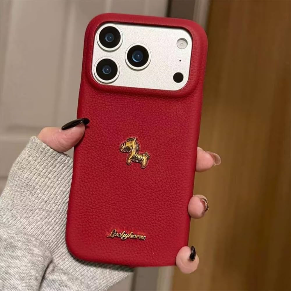 Premium Red Leather iPhone Case with Golden Horse | Slim & Stylish Cover