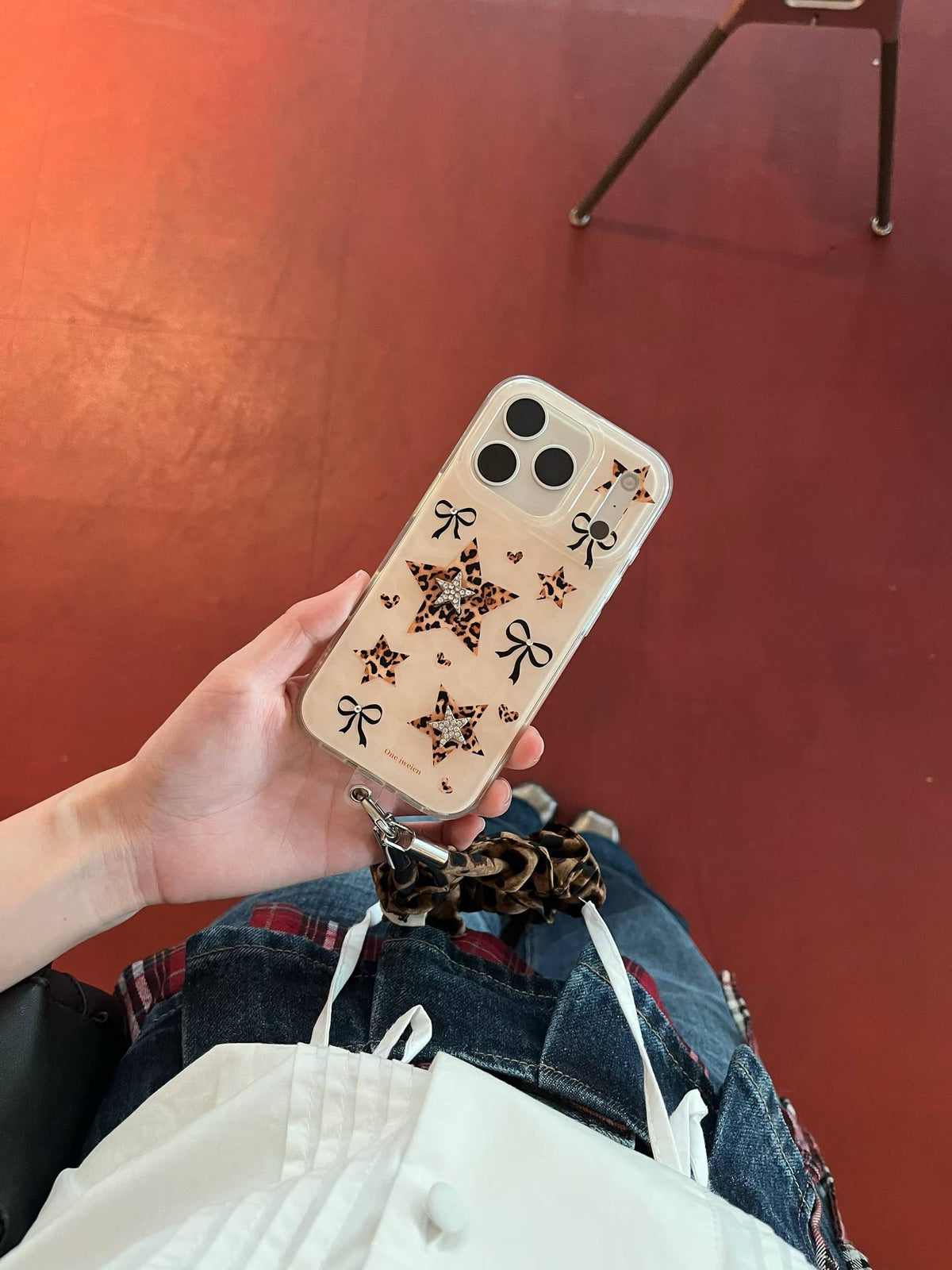 Leopard Bow Star iPhone Case with Wrist Strap – Cute Aesthetic Printed Phone Cover