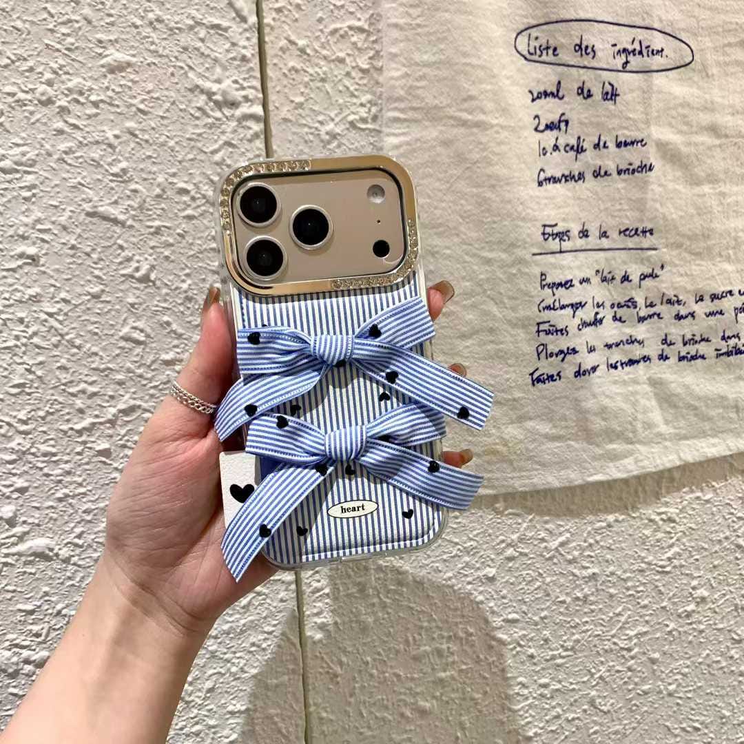 Blue Striped Double Bow iPhone Case | Cute Heart Phone Cover