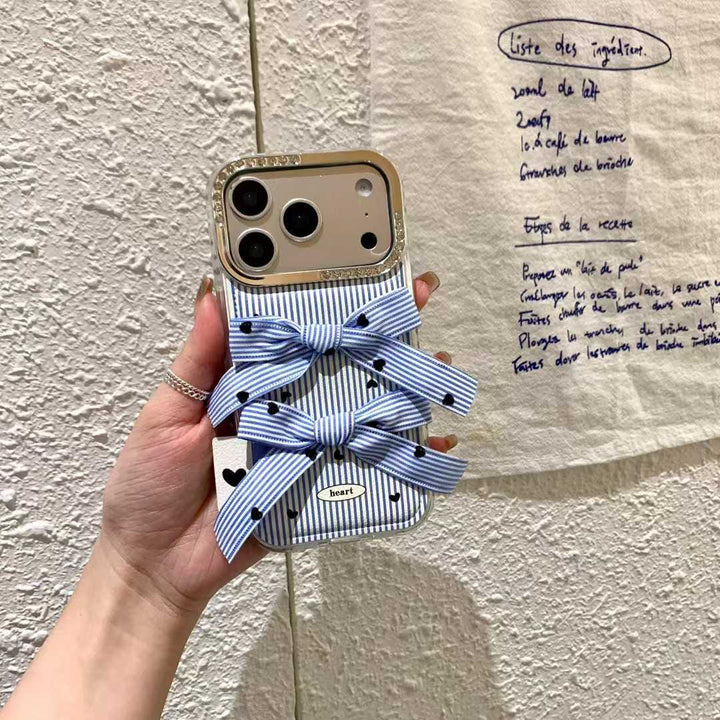 Blue Striped Double Bow iPhone Case | Cute Heart Phone Cover