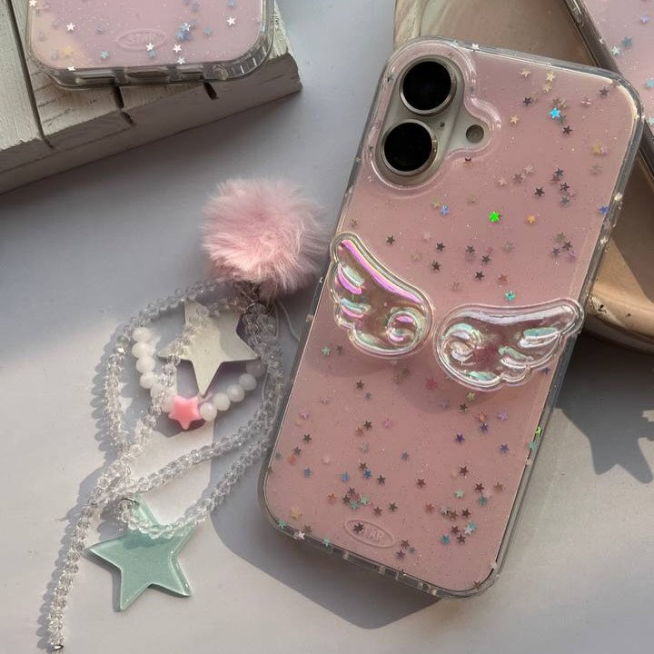 Angel Wings Pink iPhone Case – Glitter Star Design with Furry Pom-Pom & Star Charm