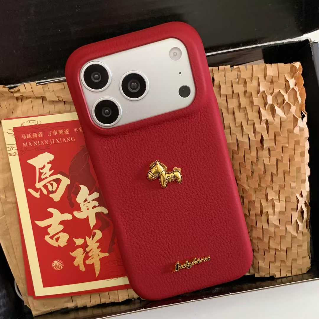 Premium Red Leather iPhone Case with Golden Horse | Slim & Stylish Cover