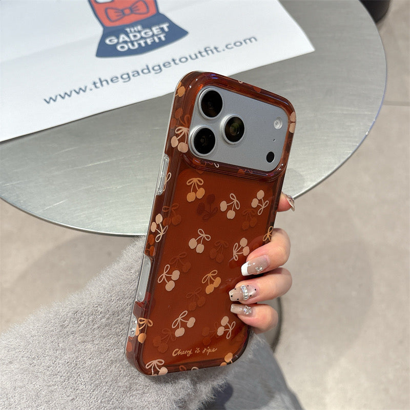 Cherry Print Bow Phone Case | Retro Brown Aesthetic Protective Cover
