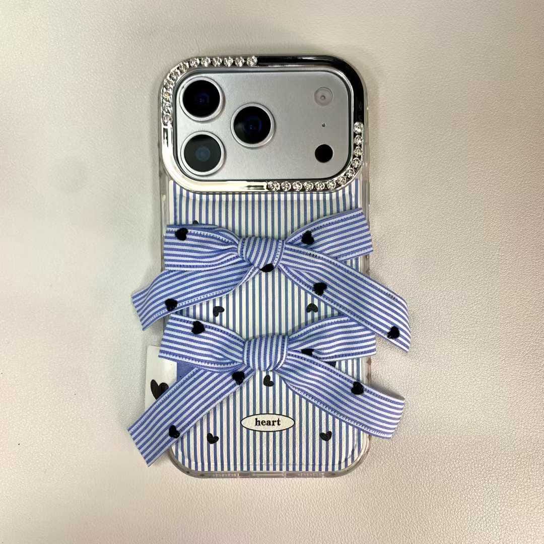 Blue Striped Double Bow iPhone Case | Cute Heart Phone Cover