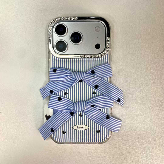 Blue Striped Double Bow iPhone Case | Cute Heart Phone Cover