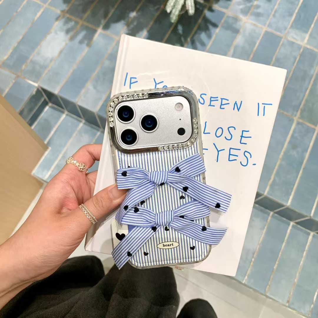 Blue Striped Double Bow iPhone Case | Cute Heart Phone Cover