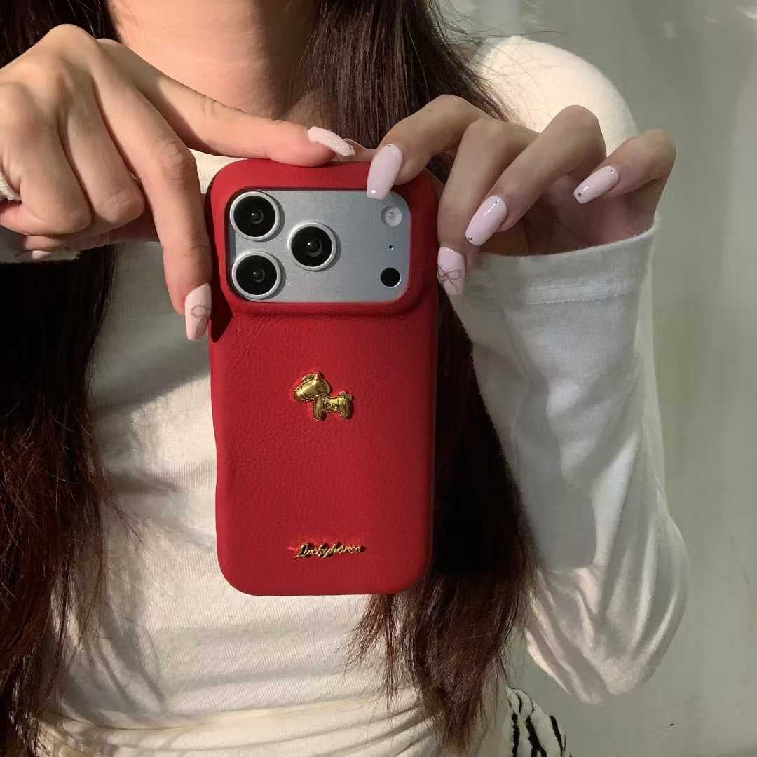Premium Red Leather iPhone Case with Golden Horse | Slim & Stylish Cover