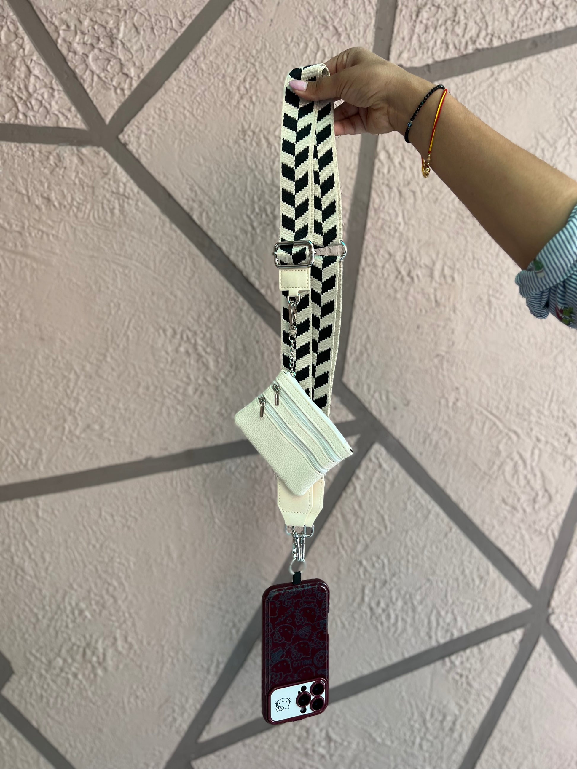 Black and White Pattern Crossbody Phone Belt with Small Zip Pocket