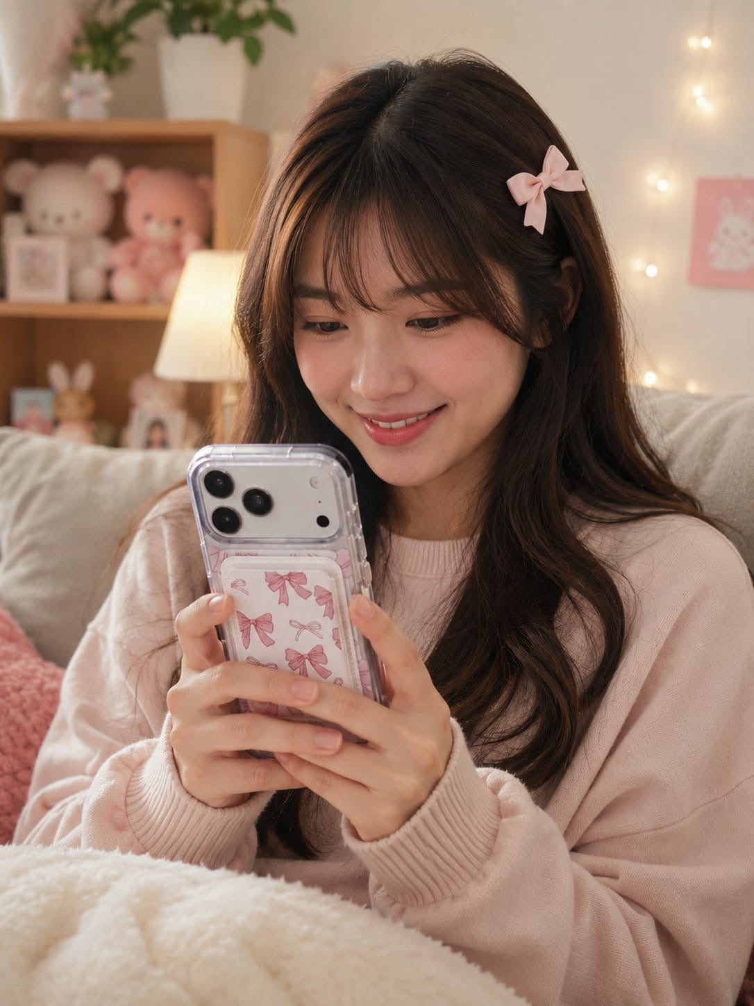 Pink Bow Clear iPhone Case with Magnetic Wallet Card Holder | Cute Stylish Phone Cover