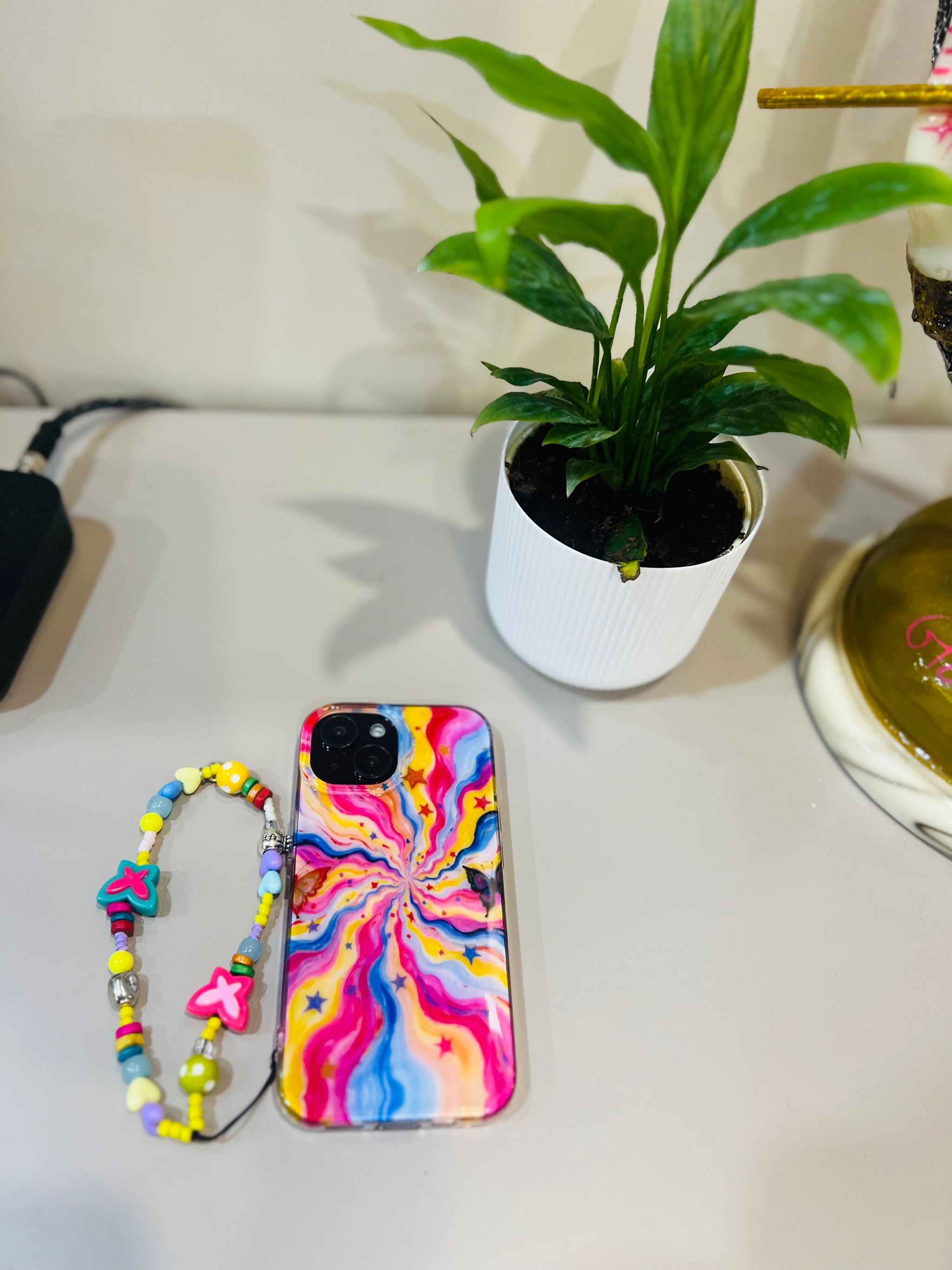 Psychedelic Rainbow Swirl Phone Case with Beaded Butterfly Charm 🌈🦋