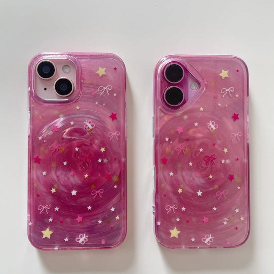 Cute Pink Galaxy Phone Case with Stars & Bows – Stylish Protective Cover
