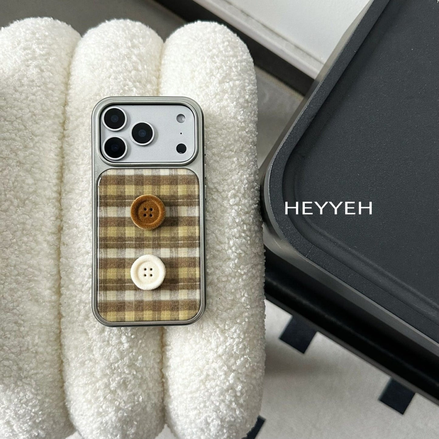 Cozy Vintage Plaid Button iPhone Case | Cute Korean Phone Cover