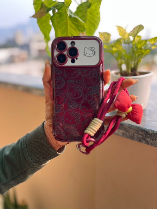 Cute Cartoon Maroon iPhone Case with Hand Strap – Stylish & Protective Cover