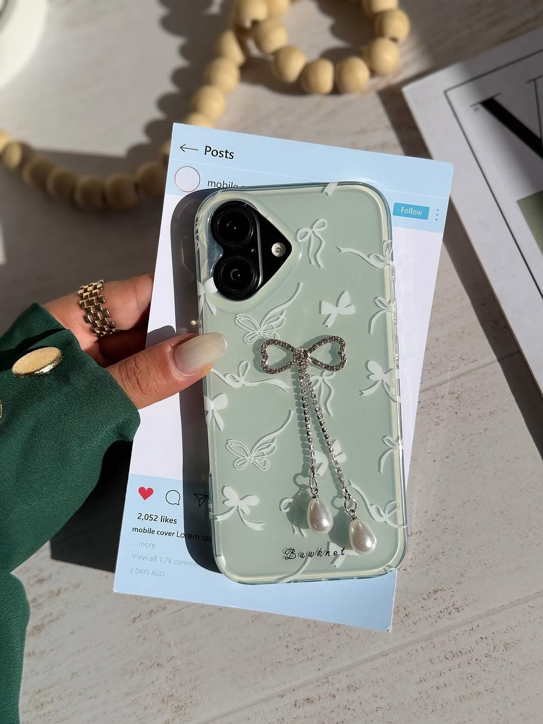 Mint Green Bow iPhone Case with Pearl Charm – Cute Butterfly Clear Cover