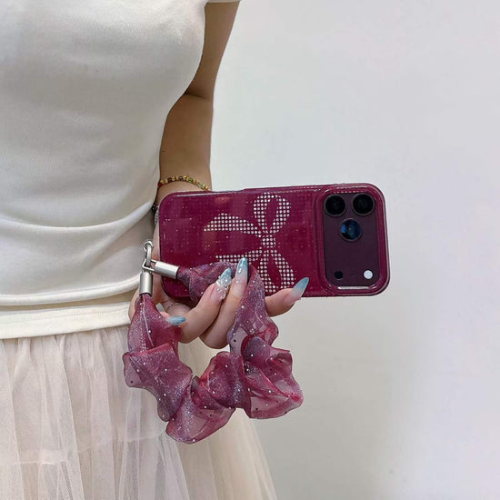 Pink Rhinestone Bow iPhone Case with Scrunchie Strap – Glamorous Aesthetic Phone Cover