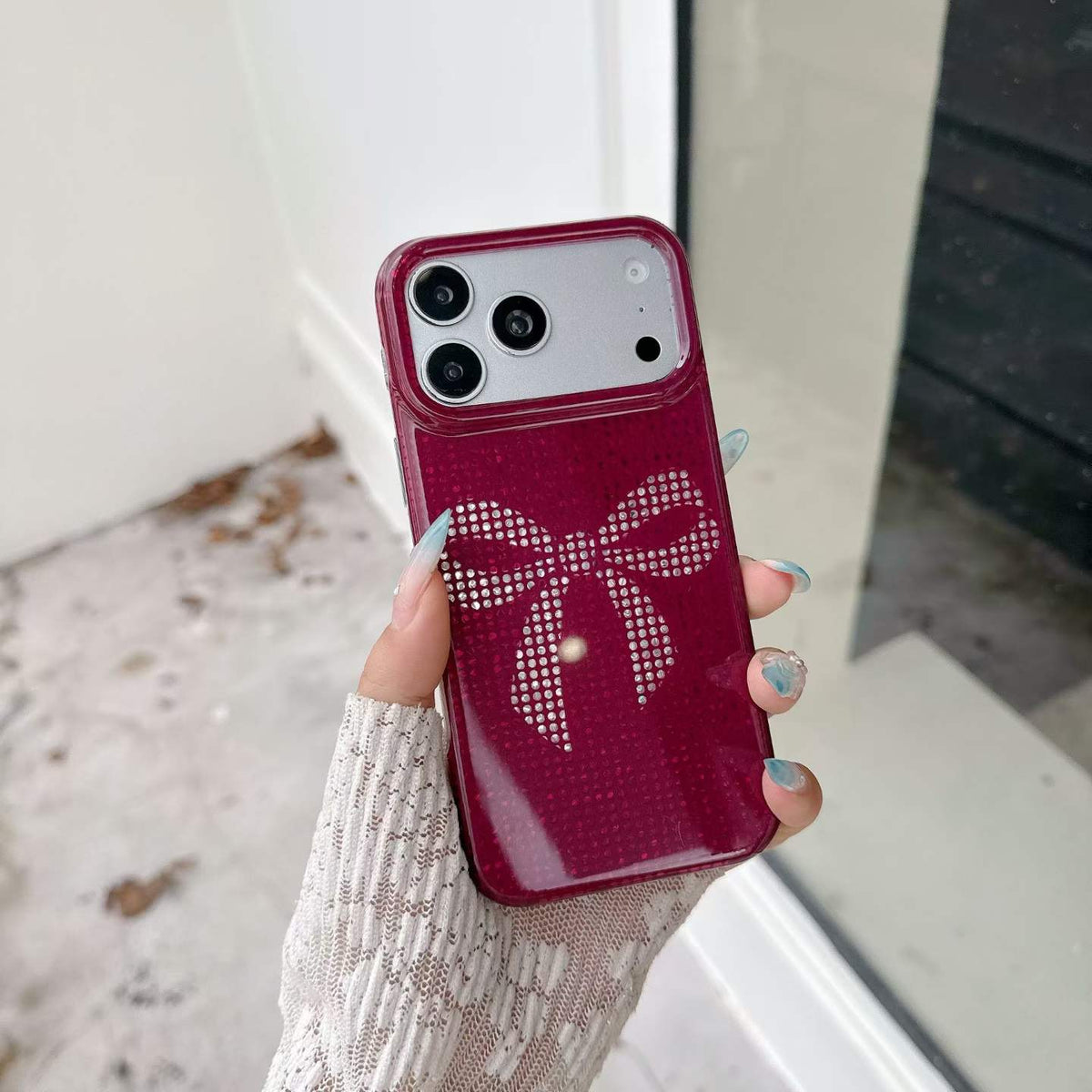 Pink Rhinestone Bow iPhone Case with Scrunchie Strap – Glamorous Aesthetic Phone Cover